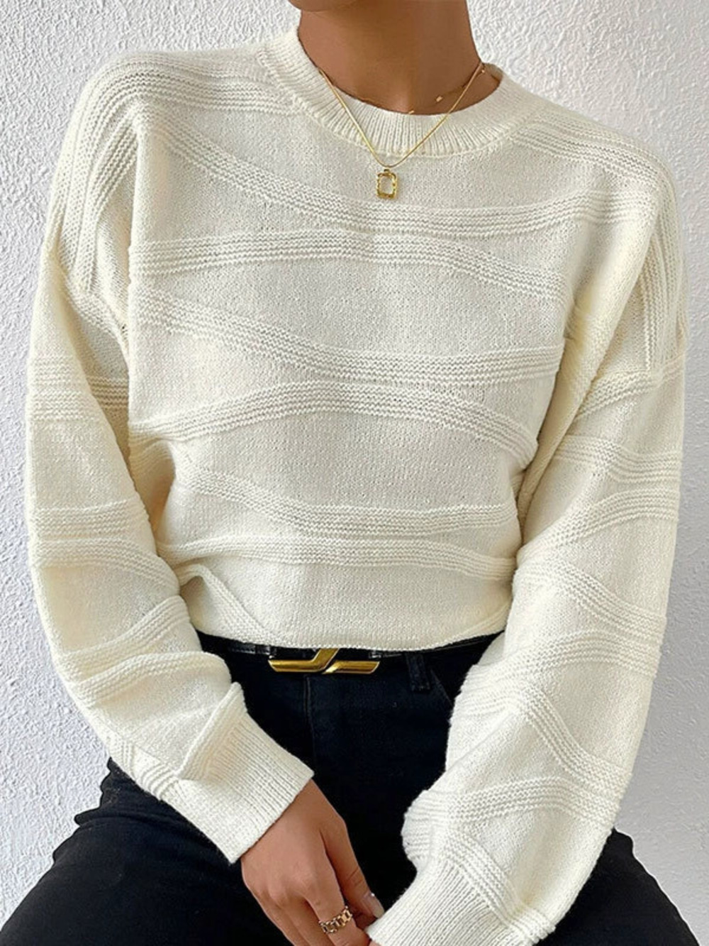 ZARA Women Fall Solid Color Wave Pattern Round Neck Pullover Knit Sweater